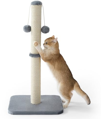 Lesure Cat Scratching Post Indoor - 36x36x74cm Tall Sisal Scratch Post with Hanging Toy Ball, Scratching Posts for Indoor Cats Kittens with Stable Base, Grey
