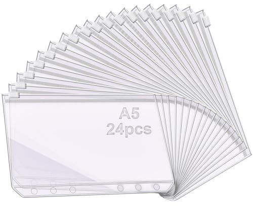 mawmuaw Lot de 24 pochettes de reliure A5 en PVC - Accessoires réutilisables - Avec fermeture éclair - Pour classeur à anneaux A5 - 6 anneaux - Classeur rapide