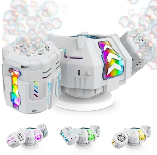 cossy Seifenblasenmaschine,Automatischer 360°Drehbar Seifenblasenmaschine Kinder, Wiederaufladbare Seifenblasen Maschine mit Fernbedienung, RGB-Lichtern & 20000+ Blasen/Min, für Hochzeit, Party,Grau