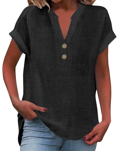 BAUENIEROY linen tops for women uk, Ladies Tops 2026 Women's Summer Cotton Linen Cap Sleeve T-Shirt Button V Neck Tunic Top Fashion Baggy Solid Plain Casual Shirts Trendy Blouse