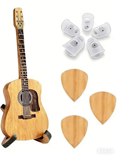 Porte-médiators en Bois Avec Support, Boîte à Médiators, 3 Pièces Médiators Uniques, 5 Pièces Protège-Doigts, Accessoire Cadeau pour Guitaristes, Bassistes et Joueurs de Ukulélé