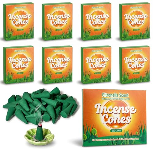 Scent-Hi Coni di Incenso alla Citronella 120 Pezzi, 1 Supporto per Incenso, Oli Essenziali di Citronella e Lemongrass, per Terrazzo, Giardino, Campeggio
