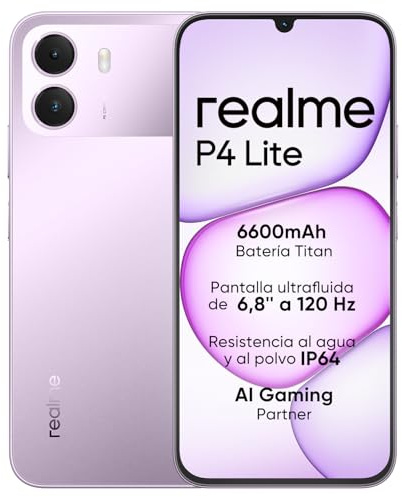 Smartphone realme P4 Lite 4G, 4GB+256GB, Écran LCD HD 120Hz 6,8,Batterie Titan 6600mAh, Recharge 15W, Recharge inversée 6W, IP64 antipoussière et étanche,Système Next IA,Violet Pulse (sans Chargeur)