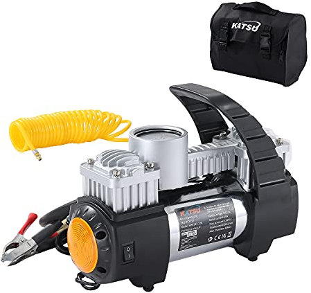 KATSU Car Tyre Inflator 12V 30Amp Professional Large Volume Portable Air Compressor Tire Pump 150PSI with Double Cylinder for Auto Car Van Trucks Inflatables 451717