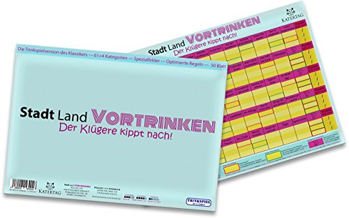KATERTAG Stadt Land Vortrinken - Der Klügere kippt nach, Stadt Land Fluss Trinkspiel für Erwachsene, mit 61+4 Kategorien und trinkreichen Spezialfeldern Trinkspiele (Din A4, Hellblau)