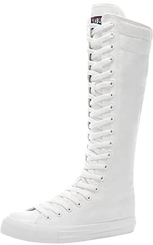 ANUFER Ragazze Donna Al Ginocchio Stivali di Tela Lacci Zip Piatto Scarpe Sportive Tutto Bianco F888 EU38