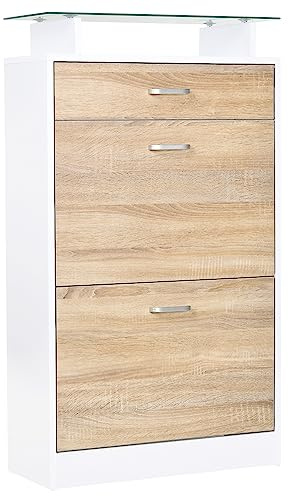 HOMCOM Schuhschrank mit 2 Klapptüren und 2 Fächern, Schublade, Glasplatte - Holz Eiche Weiß