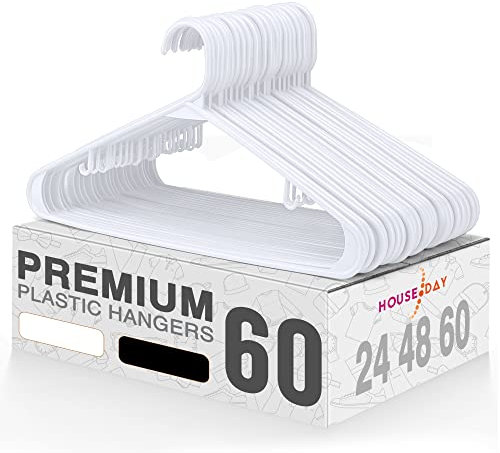 HOUSE DAY 60 Stück Kleiderbügel - Weiß, Platzsparend, Strapazierfähig Kunststoff 41.6cm Länge
