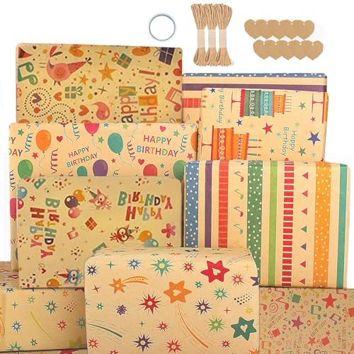Dantolo 6 Piezas Rollo Papel Kraft Decorado, 50x70cm Papel Para Envolver Regalos, Papel Regalo Kraft con cuerda de cáñamo para Cumpleaños, Navidad, Bodas