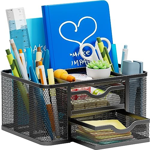 Marbrasse Organizer Scrivania,Multifunzionale Porta Penne da Scrivania,5 Comparti Rete Portaoggetti 2 Cassetti,Portapenne Scrivania,Portapenne per Casa Ufficio(Nero)