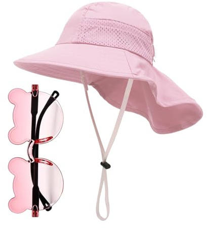 CWPFVQA 1 styck barnhalsduk och 1 st barnsolglasögon, barnsolhatt, ventilerande näthatt, solskydd för utomhusbruk, solglasögon, söta solglasögon, ROSA, S-M