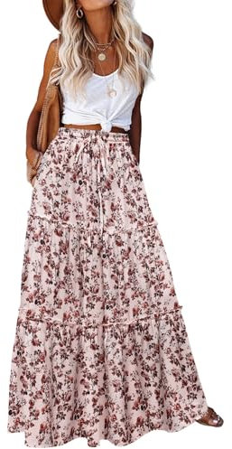 Hotouch Maxirock Damen Lang Hohe Taille Rock Sommerrock Casual Skirt Elegant Plisseerock Langer Röcke mit Taschen Blumen-A M