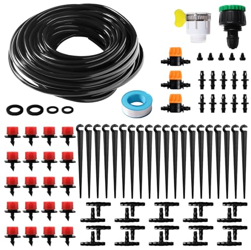 VooGenzek 86 Piezas 4/6 mm Kit de Sistema de Riego por Goteo, 15m Manguera de Riego, Kit de Riego por Goteo Automático, con Juntas de Púas Rectas, Conectores en T, Tapones Extremo, para Jardin
