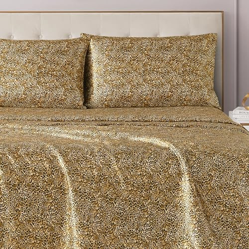 Juicy Couture Queen Size Satin Bed Sheet Set, Deep Pocket Silky Queen Sheet Set with 1 Fitted Sheet, 1 Flat Sheet, 2 Pillowcases, Wrinkle Resistant and Anti Pilling Bed Sheets - Monica Leopard