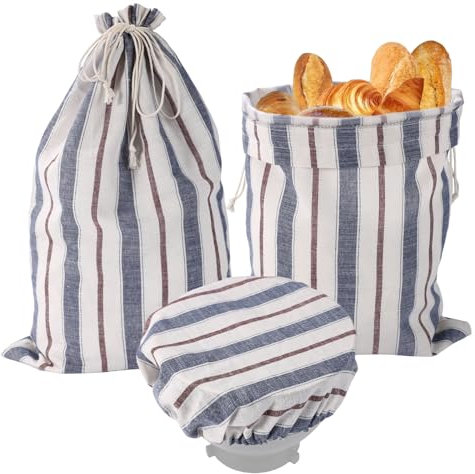 Lyreh 3pcs Ensemble Sac à Pain Réutilisable, Comprenant 2 Sac en Lin Alimentaire avec Doublure en TPU et 1 Couvercle Bol Levain pour Stockage du Pain Fait Maison(Style Rayé Rouge et Bleu)