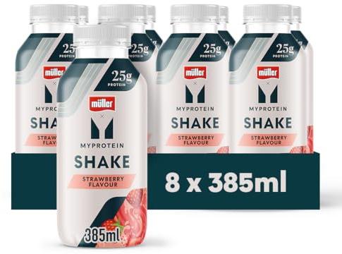 Myprotein x Müller High Protein Strawberry Shake | 25g Protein, No Added Sugar, Low Fat, | UHT Long Life Milk Drink | Suitable for Vegetarians | 8 x 385ml