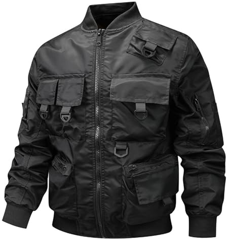 Jackets For Men Uk Multi Pockets Retro Cargo Jacket Lightweight Waterproof Jacket Full-Zip Stand Collar Bomber Jackets Regular Fit Elasticated Cuffs Sportwear Work Walking Hiking