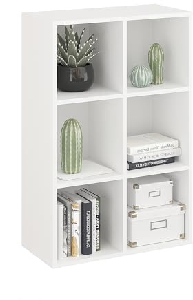 KOMTO Bücherregal Weiß – Regal mit 6 Fächern, Würfelregal, Cube Regal für Wohnzimmer, Kinderzimmer, Schlafzimmer | Stufenregal Nubo 61 x 92 x 29 cm