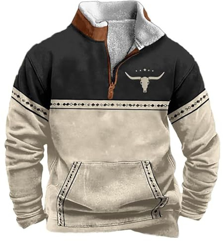 Giacca in pile da uomo Western Cowboy Bull Head Print Pullover 1/4 cerniera colletto alto a maniche lunghe country felpa vintage maglione invernale harajuku stampa maglione con tasche, 21, XL