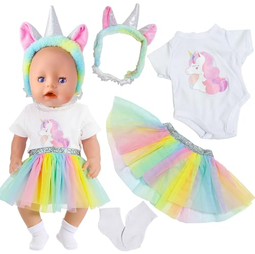 Sweet Doll Tutu Dress for 14-18 Inch Doll, 4 Pcs Baby Doll Clothes Outfits Colourful Little Horse Theme with Tutu Dress Jumpsuit Headwear Socks Compatible with New Born Baby 35-45 cm Girls Birthday