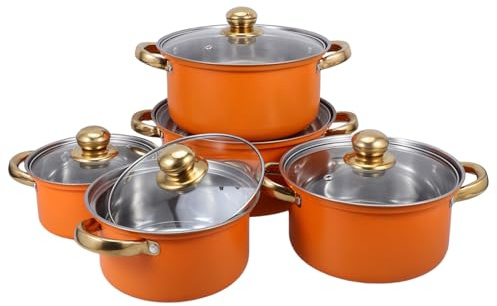 ABOOFAN 5 ensembles Set de Casseroles Acier Inoxydable avec Poignées Dorées Batterie de Cuisine Polyvalente pour Soupe Pâtes et Ragoûts Compatible Induction Surface Antiadhésive Facile à
