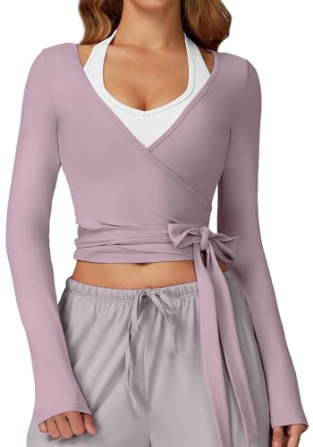 SEAUR Damen Wickeljacke Langarm V-Ausschnitt Cropped Cardigan für Yoga Übungen Outdoor Training Ballett Fitness Pilates Session Sport Kleidung Lila M
