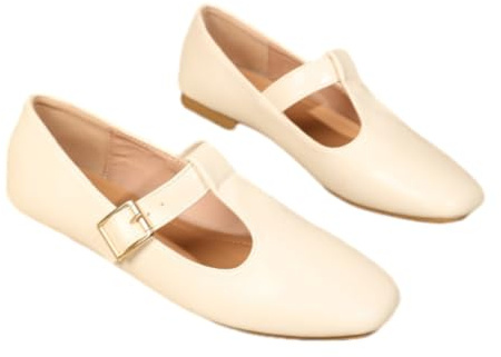 Mary Jane Ballerines plates confortables en polyuréthane avec bride en T et talon bas et bout carré pour femme, beige, 10 UK Wide
