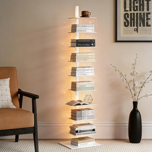 XIIW 9-Tier Metal Spine Bookshelf with LED Lights, Adjustable Vertical Ladder Bookcase for Small Space, Narrow Corner Standing Book Shelf Tower for Living Room, Office, Bedroom (White)