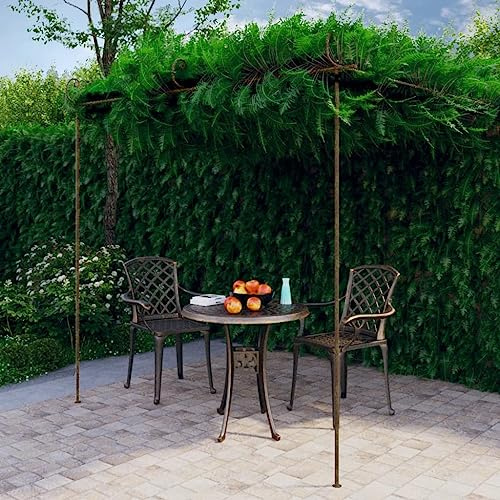 Kaloriko Pérgola de jardín de hierro forjado marrón envejecido 3 x 3 x 2,5 m con enrejado y rejilla para rosas, clemátides, hiedra, vides, ideal como cenador, protección visual, terraza y balcón