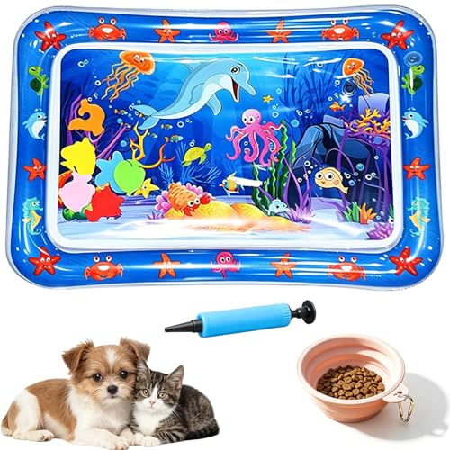 Tapis sensoriel Aquatique pour Animaux de Compagnie, Tapis d'eau interactif pour Chats d'intérieur, Tapis de Jeu Anti-griffures rempli d'eau avec Poissons flottants (Blue Dolphin)