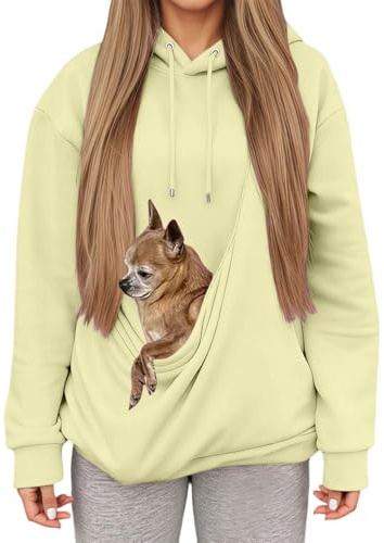 Sweat à Capuche Femme avec Grande Poche Kangourou Fonctionnelle,Pull de Transport pour Chat et Chien,Sweatshirts pour Amoureux des Animaux domestiques (Light Yellow, M)