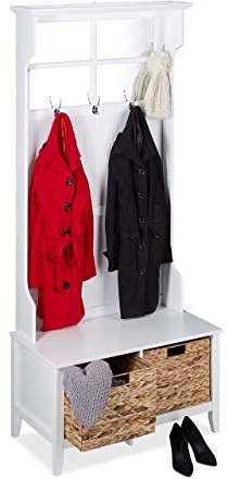 Relaxdays Garderobe Landhausstil, mit Spiegel, Sitzbank & Stauraum, 5 Haken, Flurgarderobe, HBT 186 x 81 x 44,5 cm, weiß