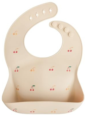 mushie Babero de Silicona para Bebés | Baberos de Alimentación con Bolsillo | Fáciles de Lavar | 4 Tamaños Ajustables | Sin BPA | Accesorio Durable para Niños Pequeños y Niñas | Cherries