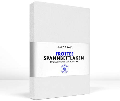 Jacobson Premium FROTTEE Spannbettlaken Spannbetttuch Bettlaken Baumwolle ca. 200g/m² (140x200cm - 160x200cm, Weiss)