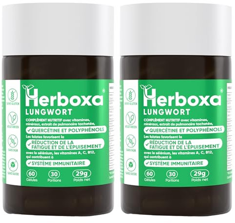 Herboxa Lungenkraut Mehrere Packungen (2 Stück) - mit geflecktes Lungenkraut - Enthält Folsäure, die Müdigkeit und Erschöpfung reduziert, Vitamin C, Quercetin, ProG-Phen - 60 Kapseln