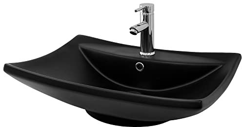 ML-Design Lavabo en Céramique Noir Mat, 610 x 455 x 185 mm, Vasque à Poser Moderne avec Trou d'Évacuation,Trop-Plein et Trou de Robinet, sans Matériel de Montage, Évier pour Salle de Bain WC