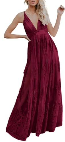 Dokotoo Womens Formal Dresses Beach Wedding Dress Bridesmaid Dress Embroidered Lace Sexy V-Neck Backless Empire Waist Long Prom Dress Red Medium