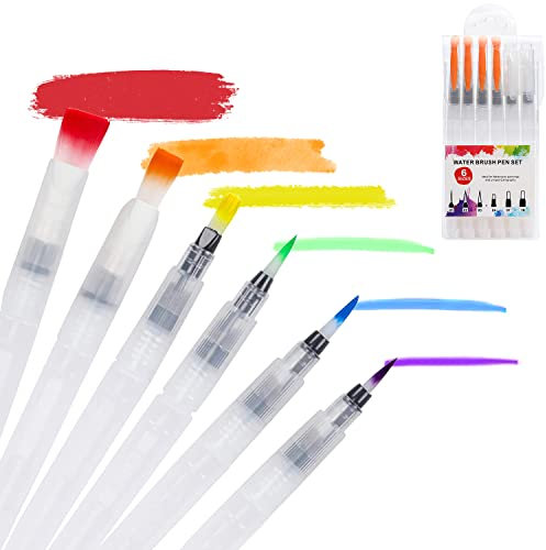 Wassertankpinsel Aquarell Set, 6er Wasserpinsel mit Tank, Aquarellpinsel Stift Wasserstifte Befüllbar Wasserfarben Pinsel mit Wassertank Water Brush Pen Set
