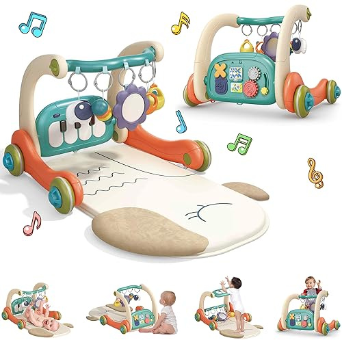 Hitish 3-in-1 BabyPlay Mat Gym & Kick & Play Piano Gym with Music Light, Activity Tummy Time Mat & 5 Learning Sensory Toys, Infant Gifts for Newborn Toddler 0-14 Months