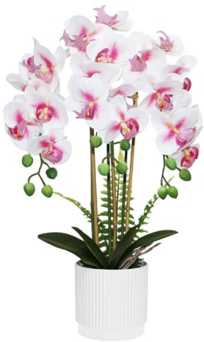 Olrla Rosa künstliche Orchideenblume, 3 Zweige im Weißen Topf Realistische Gefälschte Schmetterlings Orchideen Bonsai für Badezimmer Wohnzimmer Dekoration, Tischdekoration