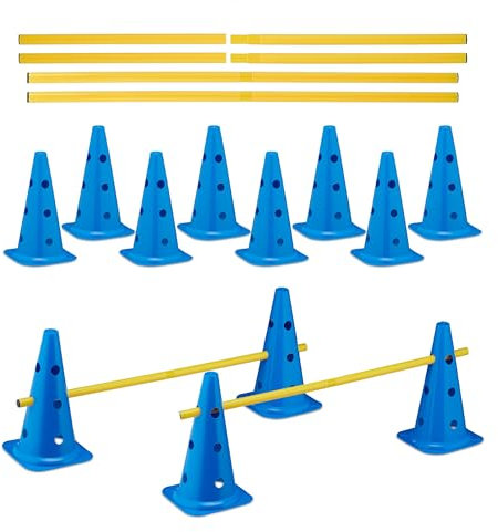Relaxdays Steckhürdenset, 18 teilig, Hunde Agility & Fußballtraining, 12 Pylonen, 6 Stangen, Hindernisse, blau/gelb