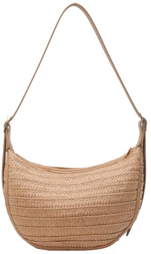 GSenhui Strohtasche Damen Halbmond Strandtasche Korbtasche Stroh Handtasche Sommer Basttasche mit Reißverschluss Wove Bag für Strand Reise Schule