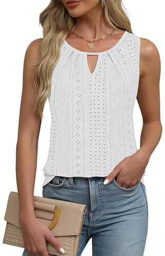 Sukuglam Camiseta Sin Mangas Mujer Verano Tank Top Elegante Bordado de Ojales Chaleco Tops Chic Escote de Ojo de Cerradura Camisetas Tirantes Casual Holgada Camisa Blusas Básica Camisole Shirt