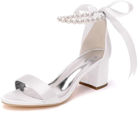Femme Lacets Chaussures De Robe De Mariage Bout Ouvert Satin Sandales De Mariée Talon Moyen Épais Chaussures De Soirée Fête De Bal avec Perles,Ivoire,37 EU