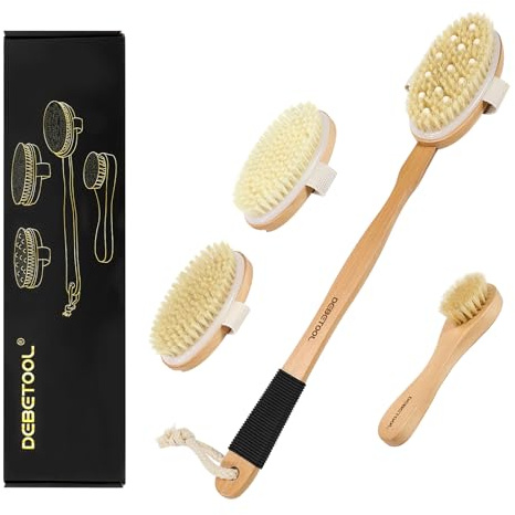 DEBETOOL Dry Brush Set for Body & Face - Dry Brushing Body Brush with Long Handle & 3 Replacement Heads (Soft/Medium/Firm) for Lymphatic Drainage Cellulite