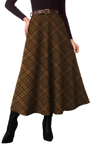 Pink Queen Maxi Tartan Skirts for Women 2026 with Pockets Fall Winter Midi Length Work Office Going Out A Line Flared Plaid Skirts for Womens High Waist Pleated Belt Loop Long Dress Brown M