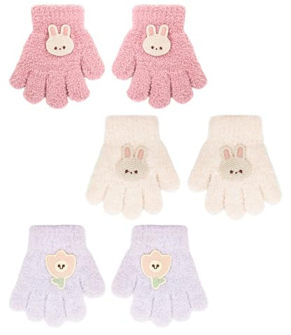 GYIOFAI Lot de 3 paires de gants d'hiver chauds pour garçons et filles, gants magiques mignons pour tout-petits, gants tricotés doux pour tous les doigts pour 1 à 5 ans, rose, taille unique