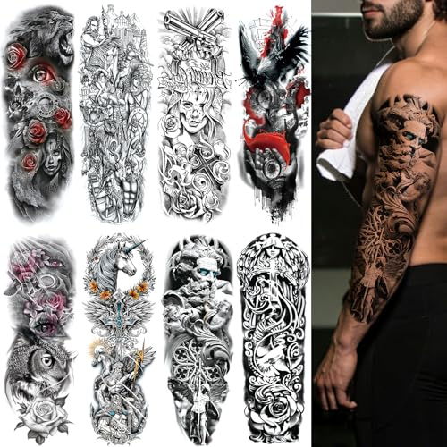 Aresvns 8 Sheets Full Arm Temporary Tattoos for Men and Women,Black Realistic Scary Sleeve Tattoo, Last Long for BBQ Beach Pool Beach Party