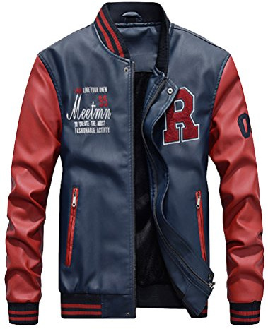 Vogstyle Hommes Vest Casuel Cuir PU Teddy Baseball Blouson avec Doublure Jackets (XXL, Bleu foncé)