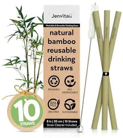 Jenvita 100% Bamboo Straws (10-Pack) - Biodegradable & Compostable 8 Inch Reusable Straws with Cleaner | FSC Certified, Eco Friendly | Hand Wash & Dishwasher Safe | For Hot & Cold Drinks